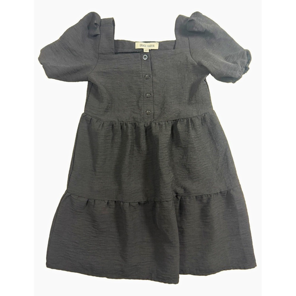 GRACE KARIN Girls Size 6 Black Tiered Dress Puff Sleeve Square Neck Button
